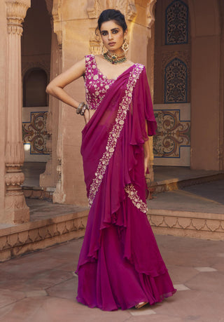 Charu & Vasundhara-Zola Raspberry Saree Set-INDIASPOPUP.COM