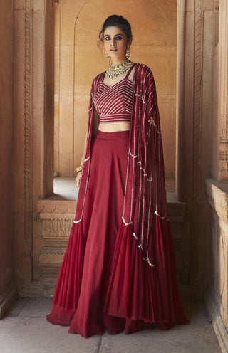 Charu & Vasundhara-Zetta Oxblood Embroidered Kimono Lehenga Set-INDIASPOPUP.COM