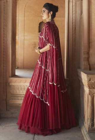 Charu & Vasundhara-Zetta Oxblood Embroidered Kimono Lehenga Set-INDIASPOPUP.COM