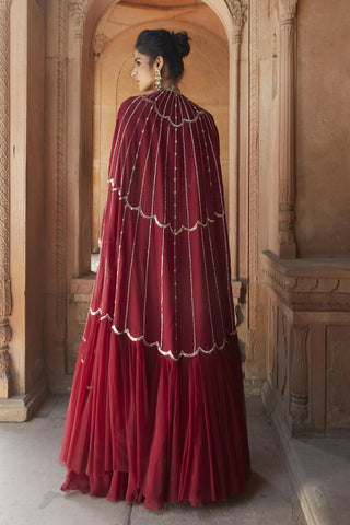 Charu & Vasundhara-Zetta Oxblood Embroidered Kimono Lehenga Set-INDIASPOPUP.COM