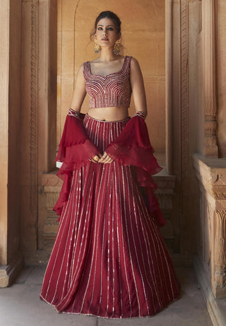 Charu & Vasundhara-Sofia Oxblood Embroidered Lehenga Set-INDIASPOPUP.COM