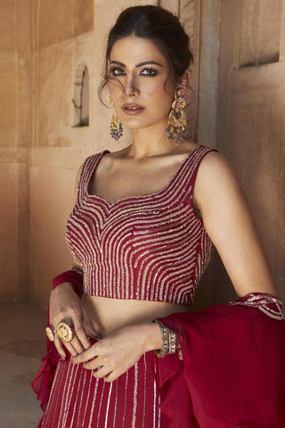 Charu & Vasundhara-Sofia Oxblood Embroidered Lehenga Set-INDIASPOPUP.COM