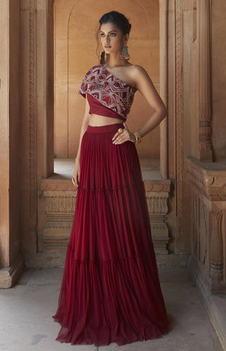 Charu & Vasundhara-Huda Oxblood Embroidered Top With Skirt-INDIASPOPUP.COM