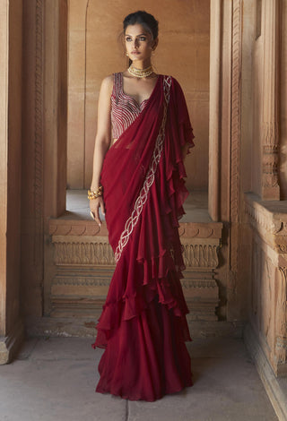 Charu & Vasundhara-Zasha Oxblood Ruffle Saree Set-INDIASPOPUP.COM