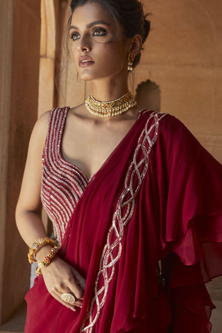 Charu & Vasundhara-Zasha Oxblood Ruffle Saree Set-INDIASPOPUP.COM