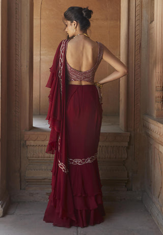 Charu & Vasundhara-Zasha Oxblood Ruffle Saree Set-INDIASPOPUP.COM