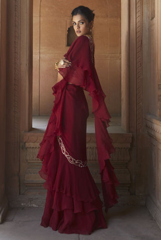 Charu & Vasundhara-Zasha Oxblood Ruffle Saree Set-INDIASPOPUP.COM