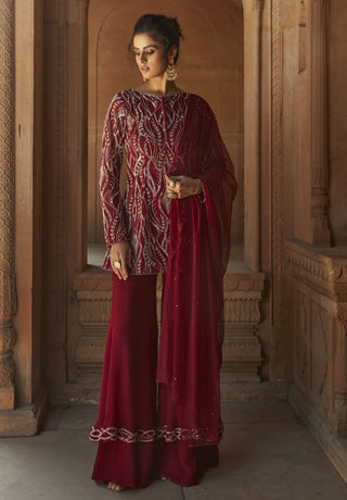 Charu & Vasundhara-Zoofishan Oxblood Embellished Sharara Set-INDIASPOPUP.COM