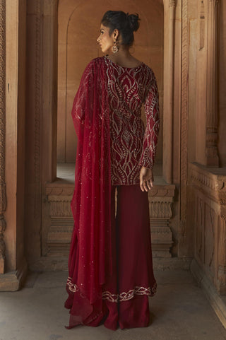 Charu & Vasundhara-Zoofishan Oxblood Embellished Sharara Set-INDIASPOPUP.COM