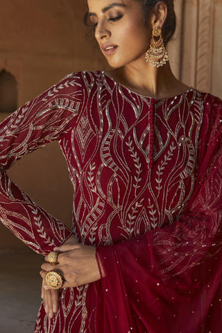 Charu & Vasundhara-Zoofishan Oxblood Embellished Sharara Set-INDIASPOPUP.COM