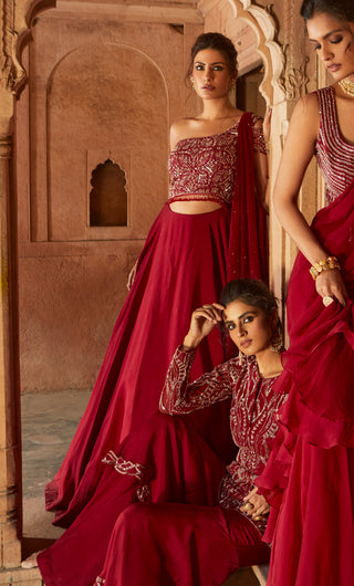 Charu & Vasundhara-Zohra Oxblood Embroidered Gown With Dupatta-INDIASPOPUP.COM