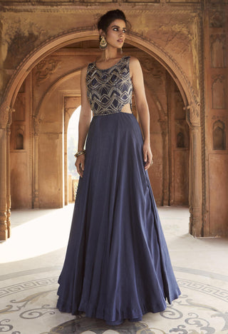 Charu & Vasundhara-Zaafira Navy Blue Embroidered Gown-INDIASPOPUP.COM