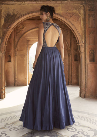 Charu & Vasundhara-Zaafira Navy Blue Embroidered Gown-INDIASPOPUP.COM