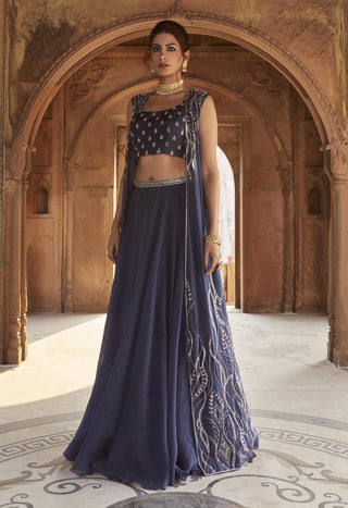 Charu & Vasundhara-Zea Navy Blue Embroidered Jacket Lehenga Set-INDIASPOPUP.COM