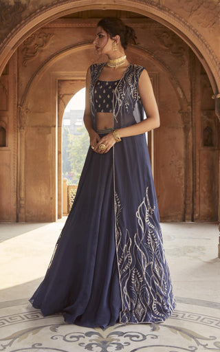 Charu & Vasundhara-Zea Navy Blue Embroidered Jacket Lehenga Set-INDIASPOPUP.COM