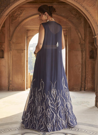 Charu & Vasundhara-Zea Navy Blue Embroidered Jacket Lehenga Set-INDIASPOPUP.COM