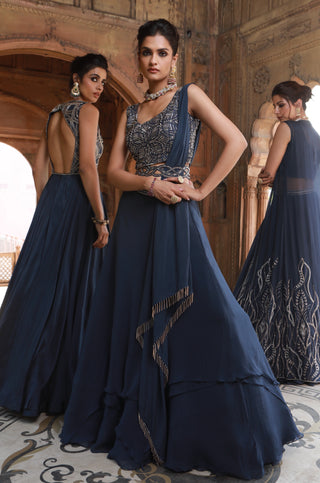 Charu & Vasundhara-Zaina Navy Blue Lehenga Set-INDIASPOPUP.COM