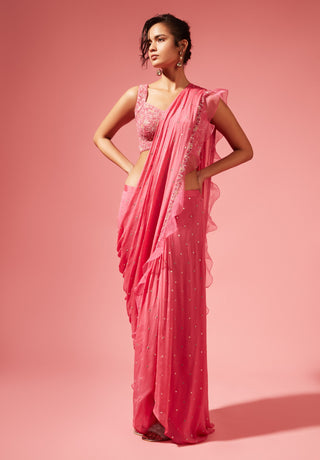 Chamee And Palak-Pink Tori Pre-Stitched Saree With Blouse-INDIASPOPUP.COM