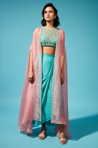 Chamee And Palak-Blue Pink Miya Top With Cape And Skirt-INDIASPOPUP.COM
