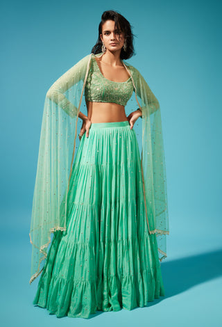 Chamee And Palak-Green Mirai Tiered Skirt Set-INDIASPOPUP.COM