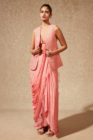 Chamee And Palak-Peach Drape Saree With Blouse And Jacket-INDIASPOPUP.COM