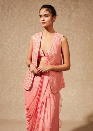 Chamee And Palak-Peach Drape Saree With Blouse And Jacket-INDIASPOPUP.COM