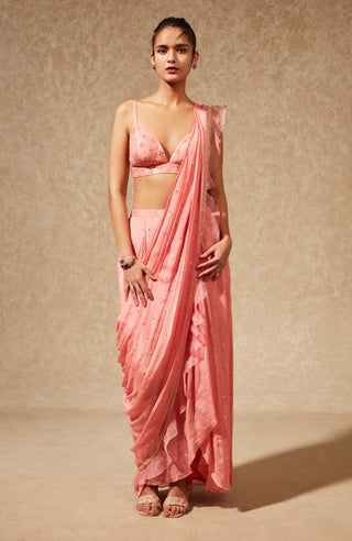 Chamee And Palak-Peach Drape Saree With Blouse And Jacket-INDIASPOPUP.COM