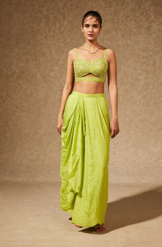 Chamee And Palak-Green Gul Drape Skirt With Bustier And Jacket-INDIASPOPUP.COM