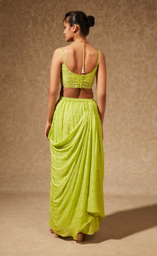 Chamee And Palak-Green Gul Drape Skirt With Bustier And Jacket-INDIASPOPUP.COM