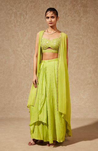 Chamee And Palak-Green Gul Drape Skirt With Bustier And Jacket-INDIASPOPUP.COM