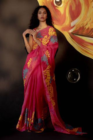 Chandrima-Fuchsia Floral Applique Saree-INDIASPOPUP.COM