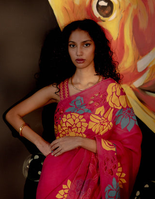 Chandrima-Fuchsia Floral Applique Saree-INDIASPOPUP.COM