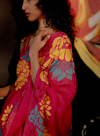 Chandrima-Fuchsia Floral Applique Saree-INDIASPOPUP.COM