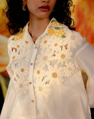 Chandrima-Ivory Chanderi Daisy Shirt-INDIASPOPUP.COM