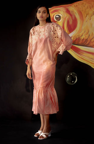 Chandrima-Old Rose Tie-Dye Kimono Midi Dress-INDIASPOPUP.COM