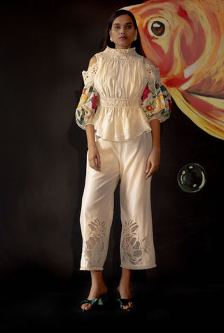 Chandrima-Ivory Ruched Cold Shoulder Top-INDIASPOPUP.COM