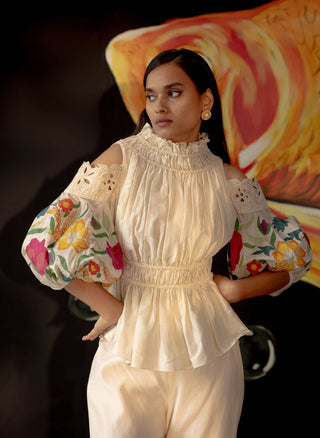 Chandrima-Ivory Ruched Cold Shoulder Top-INDIASPOPUP.COM