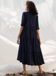 Khara Kapas-Blue Tiered Midi Dress-INDIASPOPUP.COM
