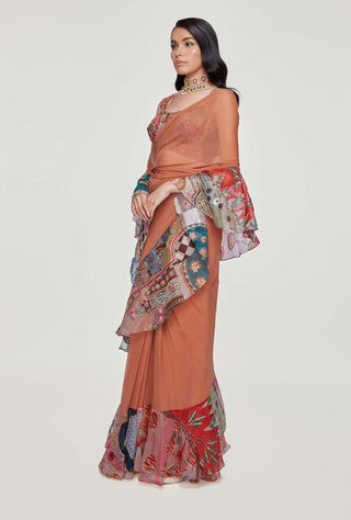Aisha Rao-Orange Printed Ruffle Saree With Blouse-INDIASPOPUP.COM