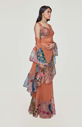 Aisha Rao-Orange Printed Ruffle Saree With Blouse-INDIASPOPUP.COM