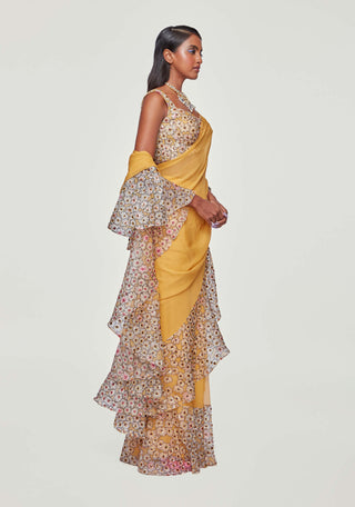 Aisha Rao-Yellow Printed Ruffle Saree With Blouse-INDIASPOPUP.COM