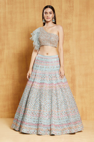 Chamee And Palak-Dusty Blue Jasmine Lehenga Set-INDIASPOPUP.COM