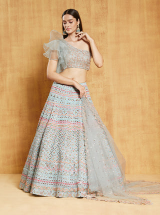 Chamee And Palak-Dusty Blue Jasmine Lehenga Set-INDIASPOPUP.COM