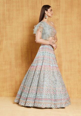 Chamee And Palak-Dusty Blue Jasmine Lehenga Set-INDIASPOPUP.COM