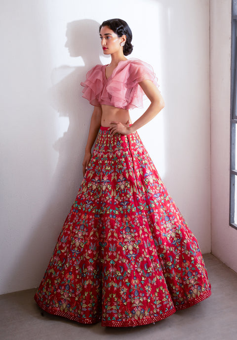 Bright pink lehenga with bralette by Chamee and Palak