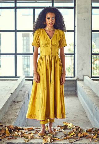 Kharakapas-Mustard Genda Dress With Pant-INDIASPOPUP.COM