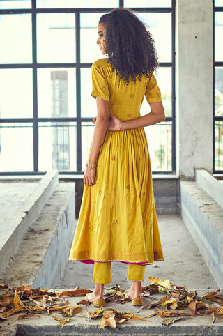 Kharakapas-Mustard Genda Dress With Pant-INDIASPOPUP.COM