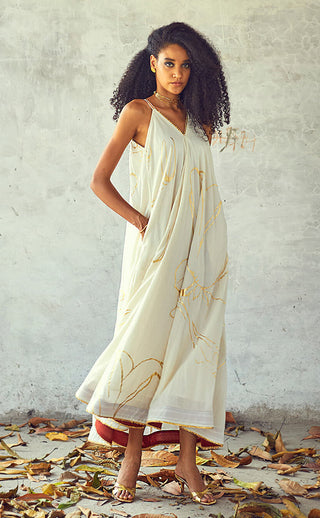 Kharakapas-White Maxi Gown With Leheriya Dupatta-INDIASPOPUP.COM