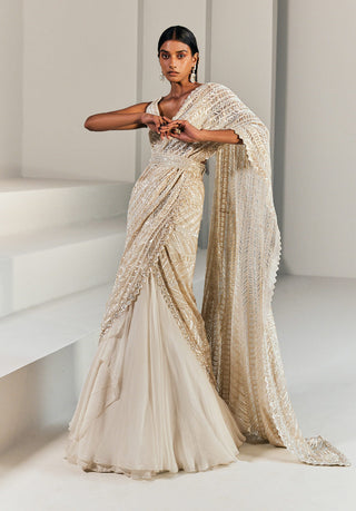 Ritika Mirchandani-Ivory Gold Pre-Stitched Lehenga Saree Set-INDIASPOPUP.COM