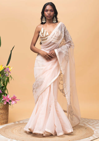 Rishi & Vibhuti-Millie Rose Pink Sari With Bralette-INDIASPOPUP.COM